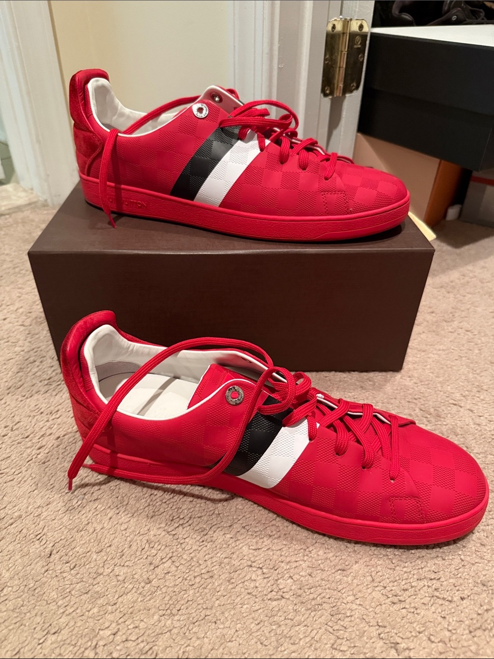 Louis Vuitton Red Sneaker with Black & White Stripe Accent - Picture 11 of 12
